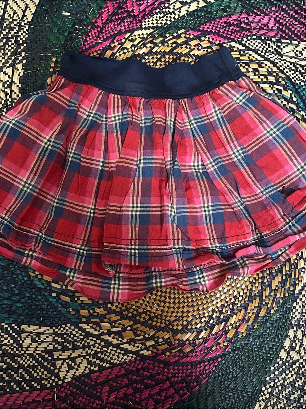 Y2K Abercrombie & Fitch Red Plaid Skater Skirt with Navy Waistband
